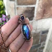 Blue purple labradorite and amethyst wire wrapped copper necklace, Semiprecious oval teardrop pendant