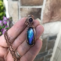 Blue purple labradorite and amethyst wire wrapped copper necklace, Semiprecious oval teardrop pendant