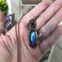 Blue purple labradorite and amethyst wire wrapped copper necklace, Semiprecious oval teardrop pendant