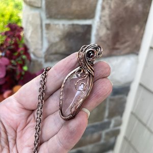 Rose Quartz & Garnet Swirly Heart Copper Necklace