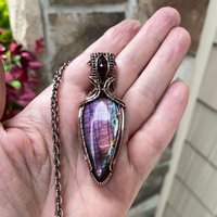 Purple & Pink Labradorite & Moonstone Copper Pendant with Weaving