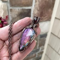 Purple & Pink Labradorite & Moonstone Copper Pendant with Weaving