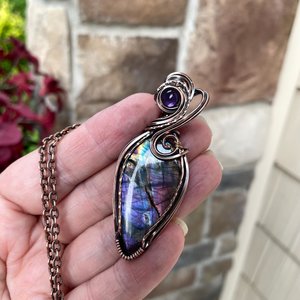 Blue Purple Labradorite & Amethyst Copper Pendant
