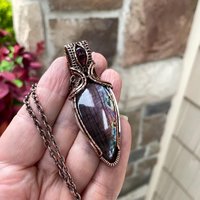 Purple & Pink Labradorite & Moonstone Copper Pendant with Weaving