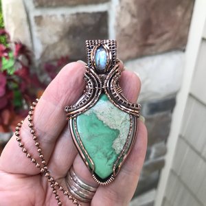 Variscite & Moonstone Copper Pendant with Weaving