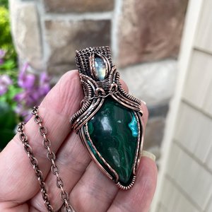 Malachite Chrysocolla & Moonstone Copper Pendant with Weaving