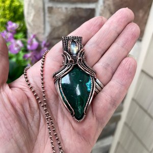 Malachite Chrysocolla & Moonstone Copper Pendant with Weaving