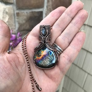 Silver Black Labradorite & Gray Moonstone Copper Necklace with Weaving