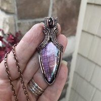 Purple Labradorite & Moonstone Copper Pendant with Weaving