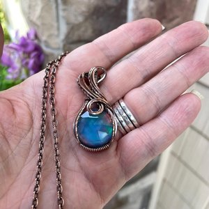 Aurora Opal Blue Green Copper Pendant