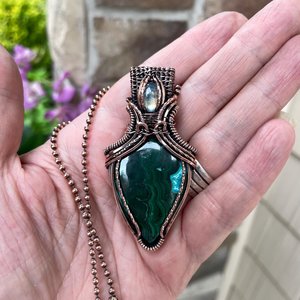 Malachite Chrysocolla & Moonstone Copper Pendant with Weaving