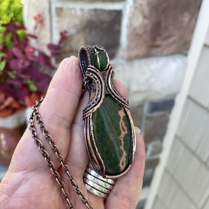 Ocean Jasper & Jade Copper Pendant with Weaving
