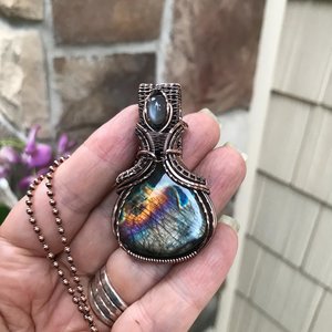 Silver Black Labradorite & Gray Moonstone Copper Necklace with Weaving