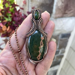 Ocean Jasper & Jade Copper Pendant with Weaving