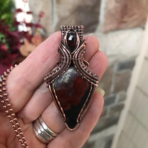 Red Moss Agate & Garnet Copper Pendant with Weaving