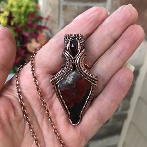 Red Moss Agate & Garnet Copper Pendant with Weaving