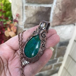 Chrysocolla & Prasiolite Woven Copper Pendant