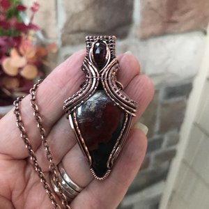 Red Moss Agate & Garnet Copper Pendant with Weaving
