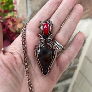 Red Moss Agate & Coral Copper Pendant with Weaving