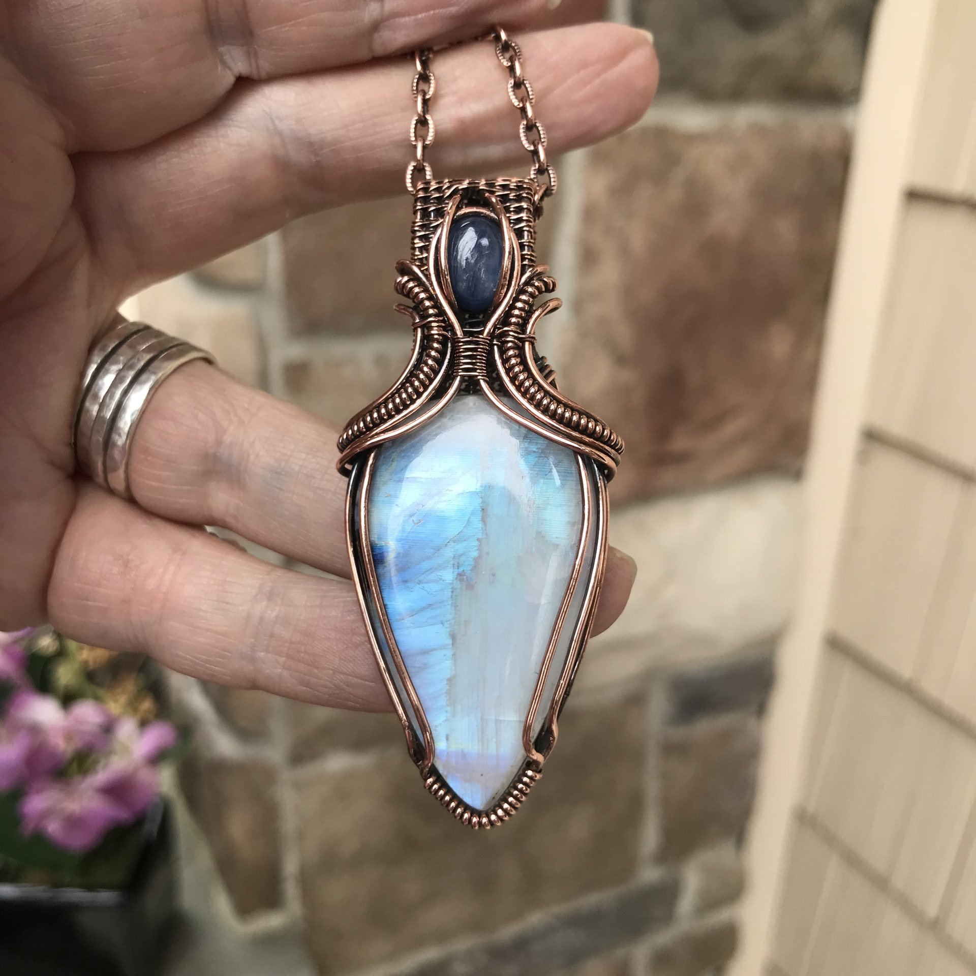 Rainbow Moonstone with Black Tourmaline and Kyanite Copper Necklace