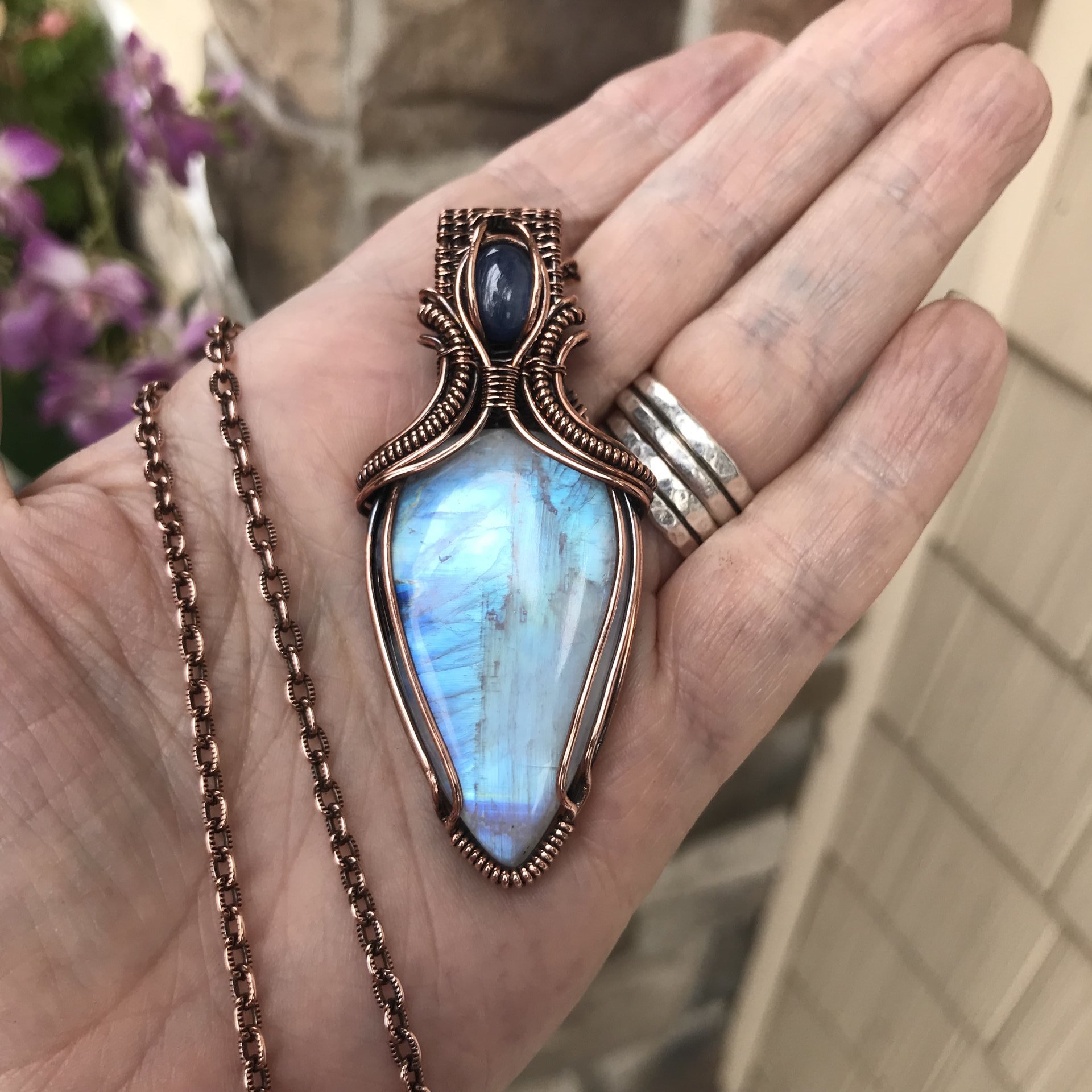 Rainbow Moonstone with Black Tourmaline and Kyanite Copper Necklace