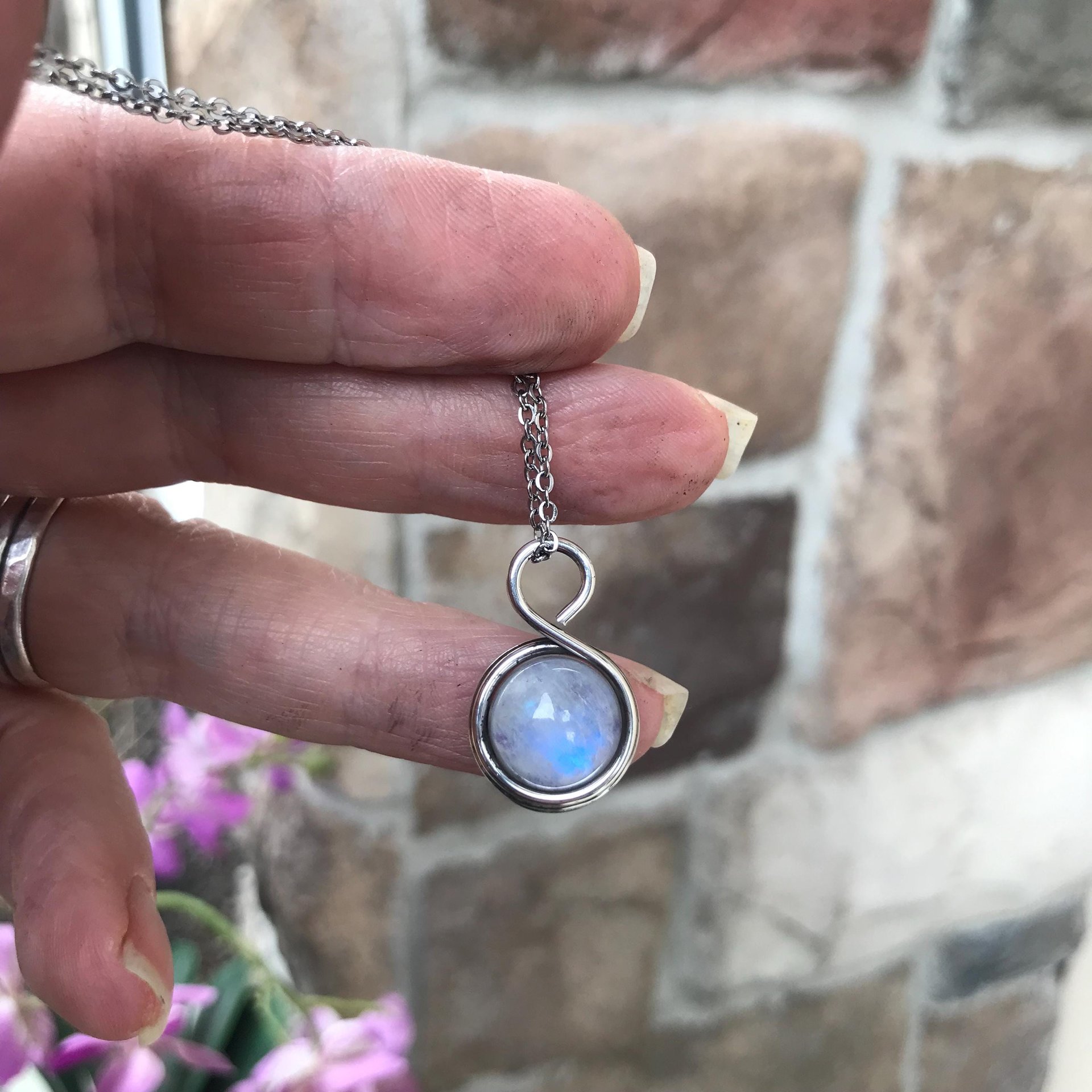 Moonstone mini silver wire wrapped necklace, Handmade artisan round rainbow crystal pendant