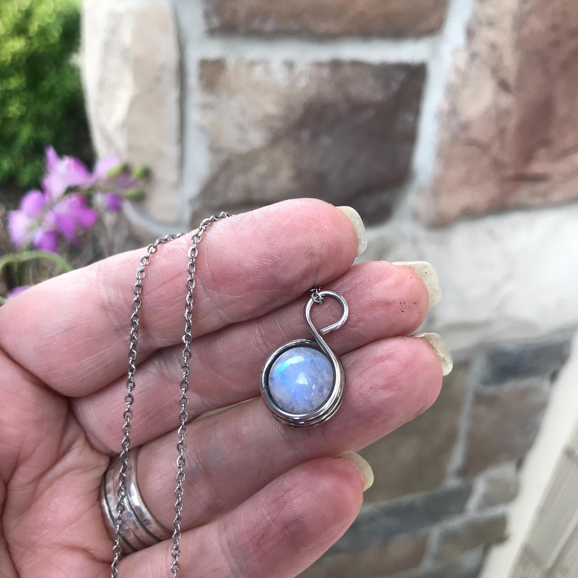 Moonstone mini silver wire wrapped necklace, Handmade artisan round rainbow crystal pendant