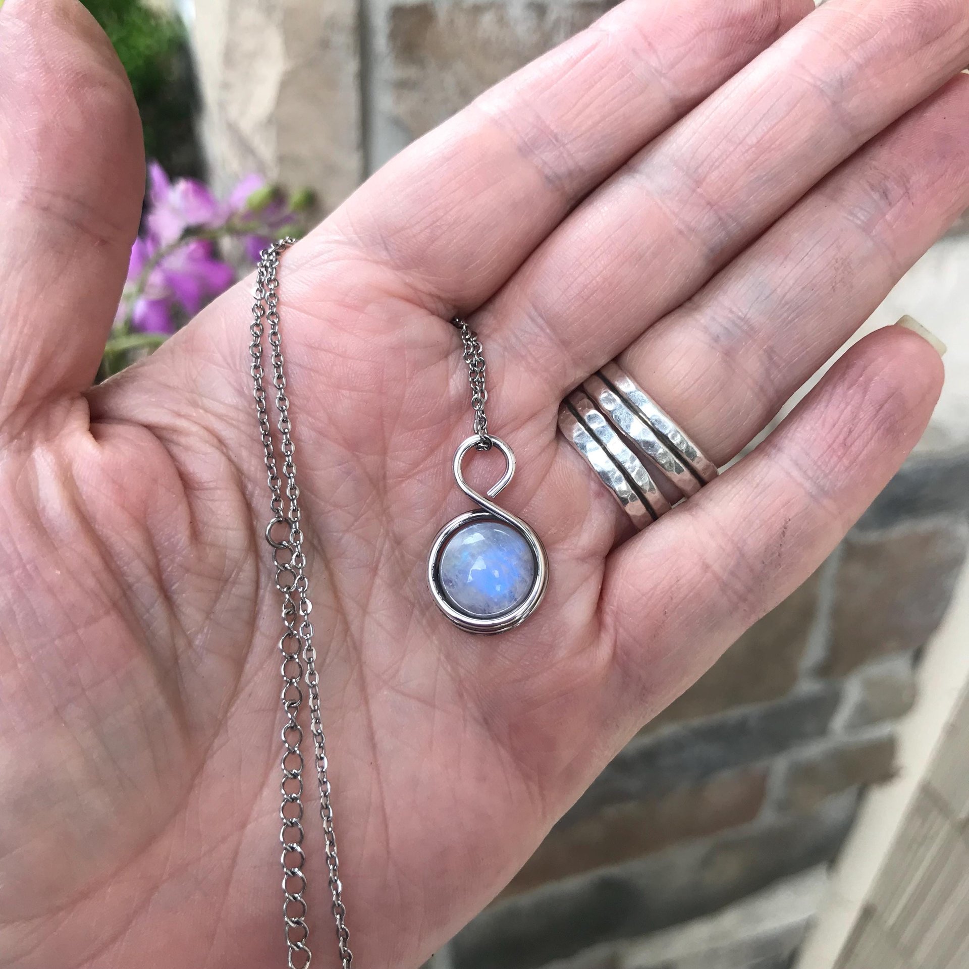 Moonstone mini silver wire wrapped necklace, Handmade artisan round rainbow crystal pendant