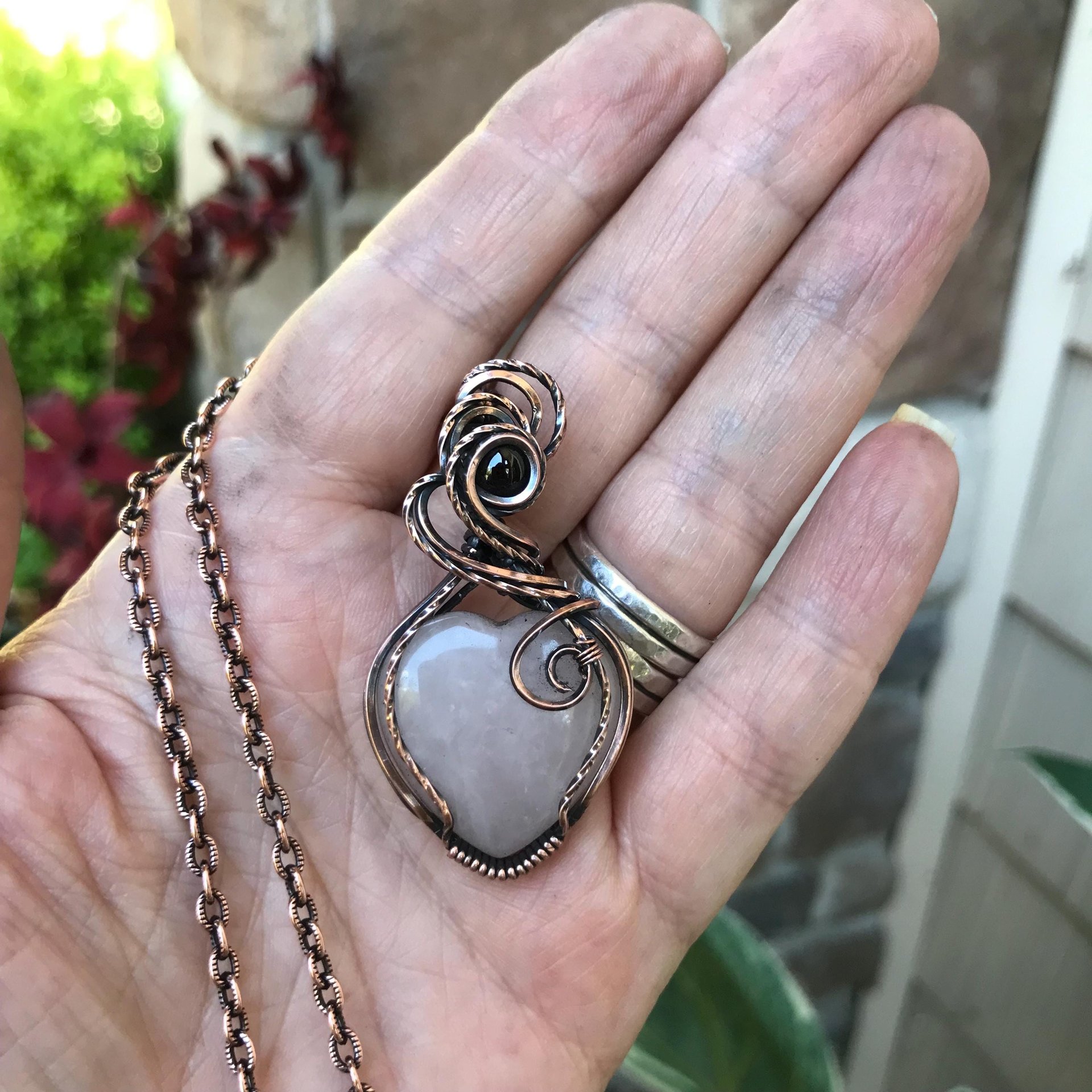 Rose Quartz & Garnet Heart Copper Pendant