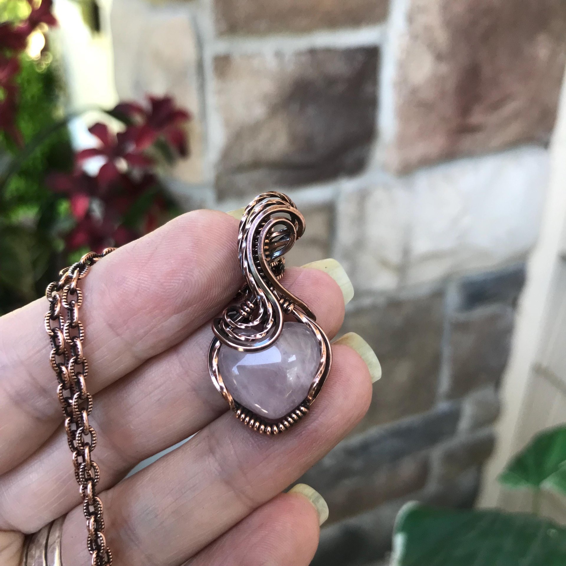 Rose Quartz Small Copper Heart Pendant