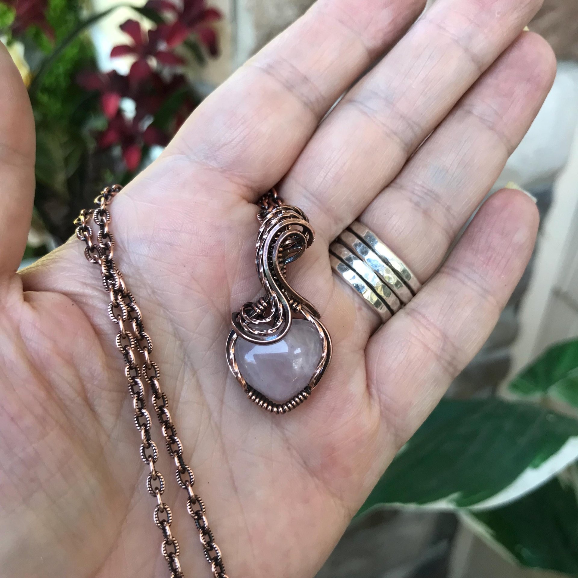 Rose Quartz Small Copper Heart Pendant