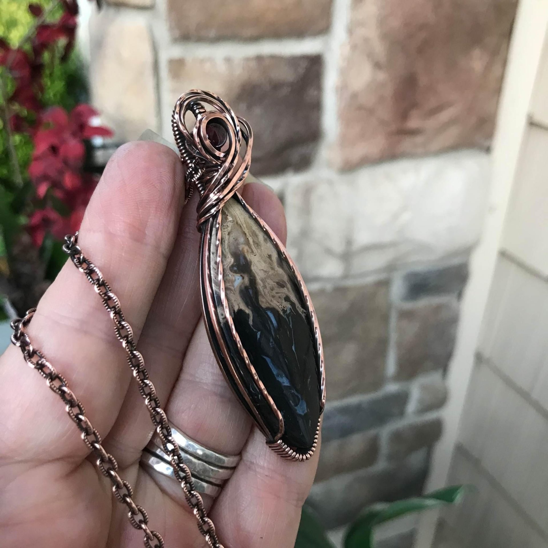 Petrified Palm Root & Garnet Copper Pendant