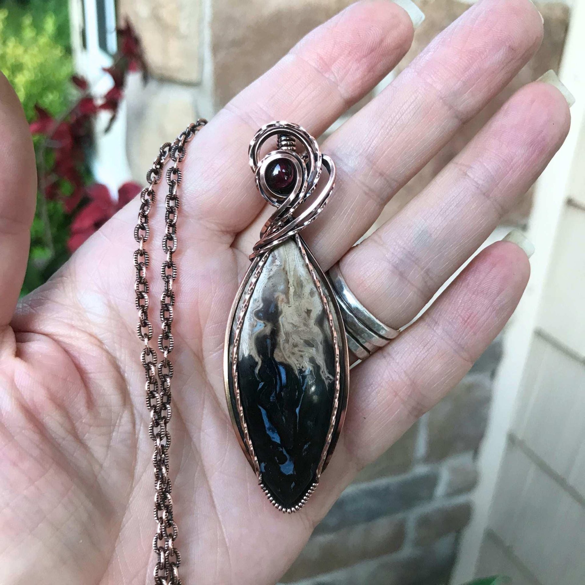 Petrified Palm Root & Garnet Copper Pendant