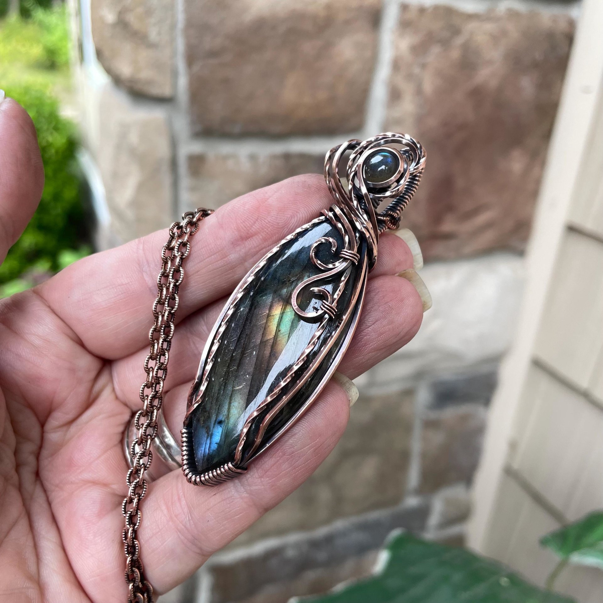 Rainbow Labradorite Marquis Swirly Copper Pendant
