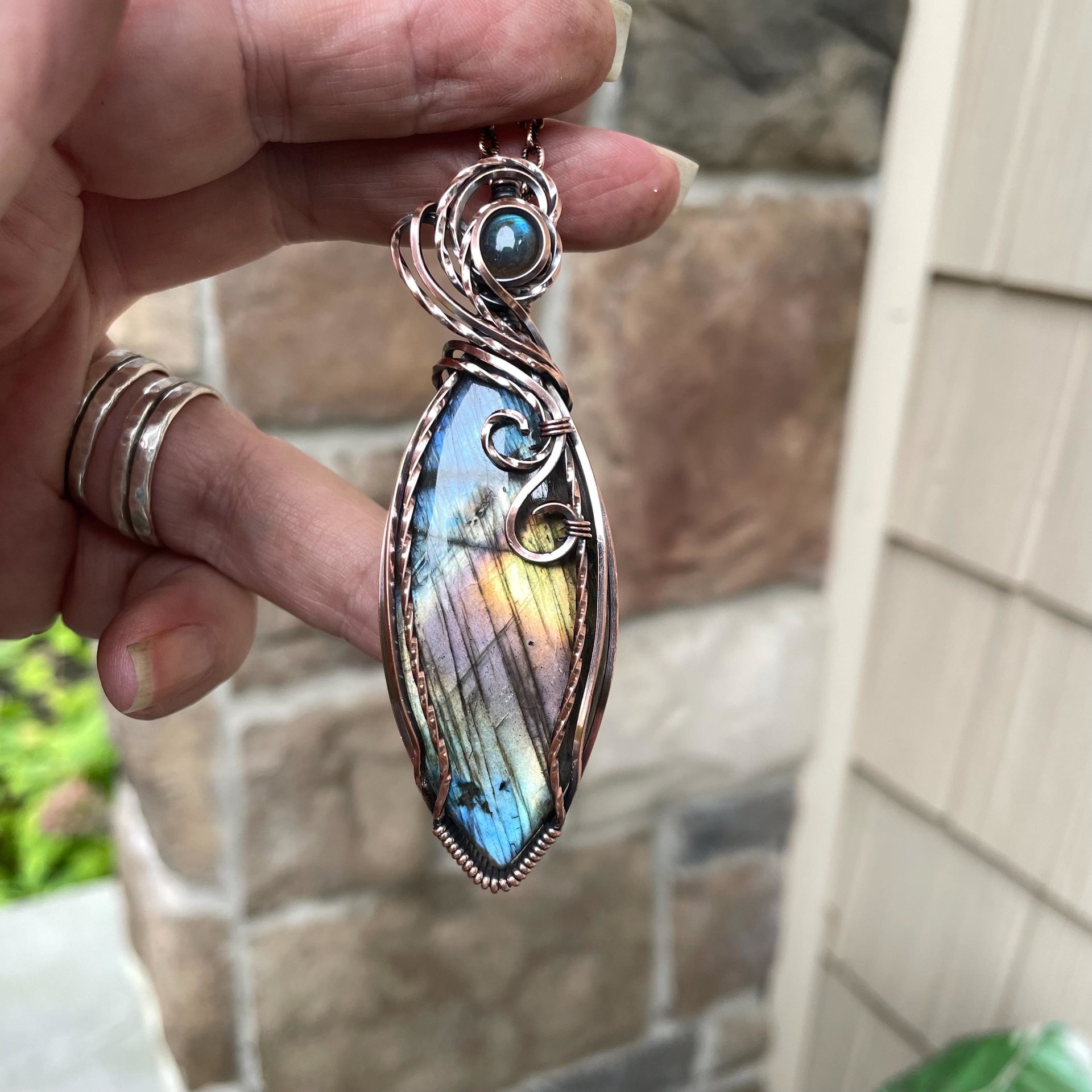 Rainbow Labradorite Marquis Swirly Copper Pendant
