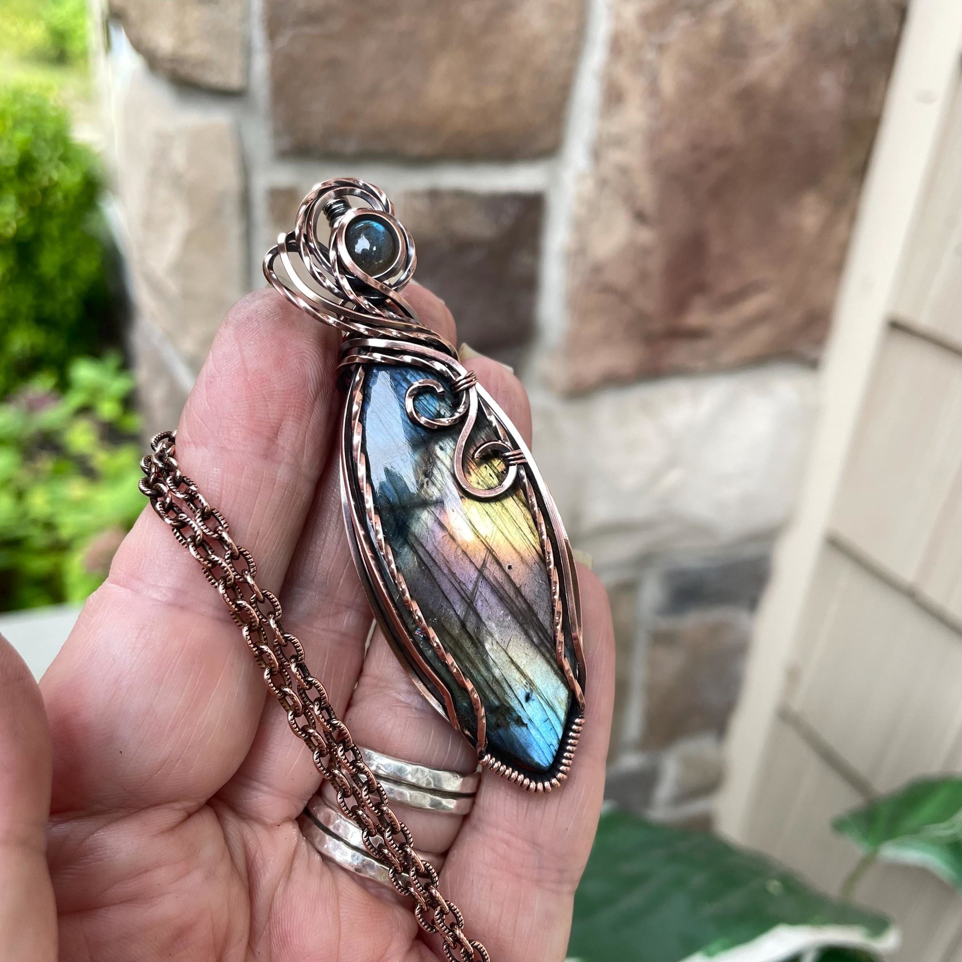 Rainbow Labradorite Marquis Swirly Copper Pendant