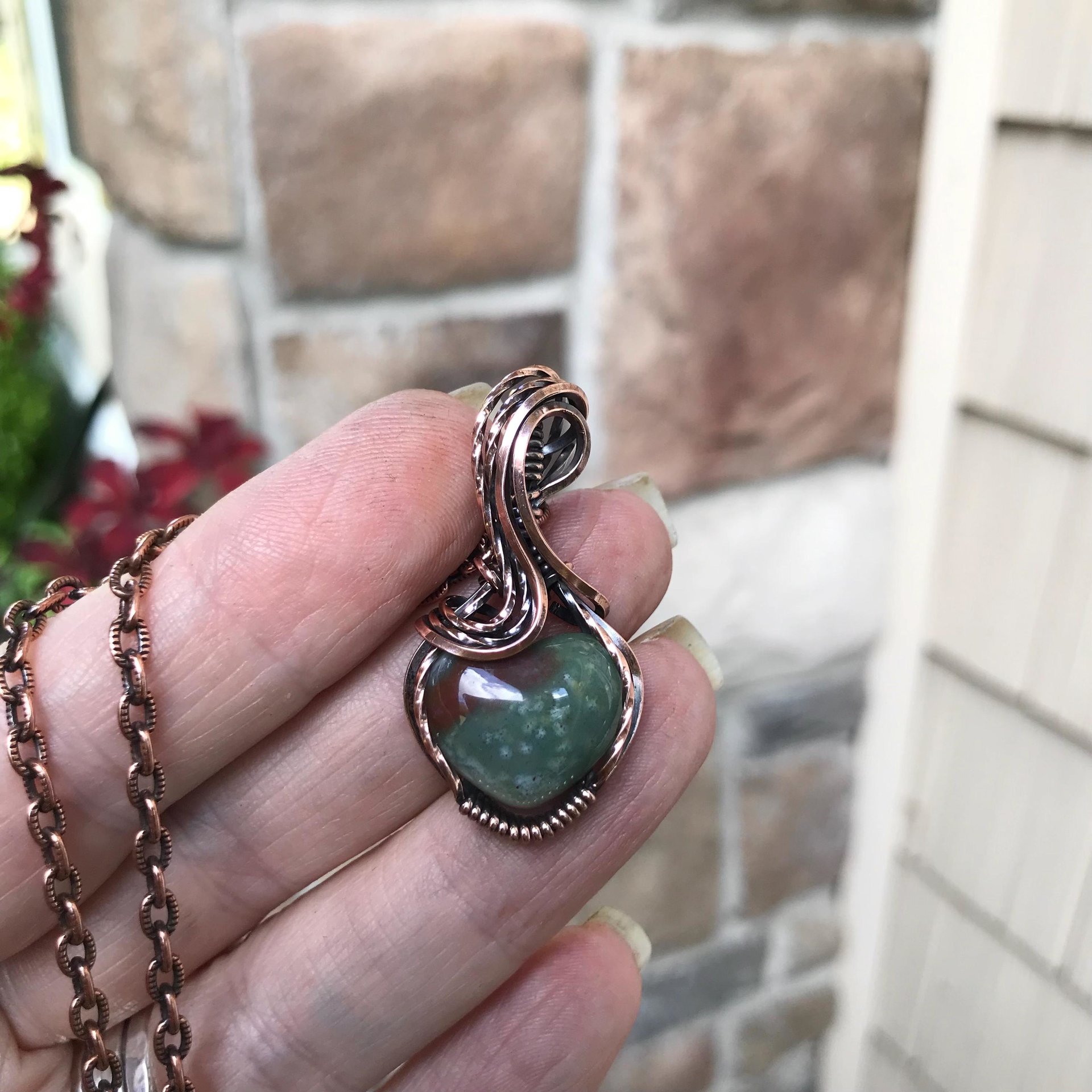 Moss Agate Small Heart Copper Necklace