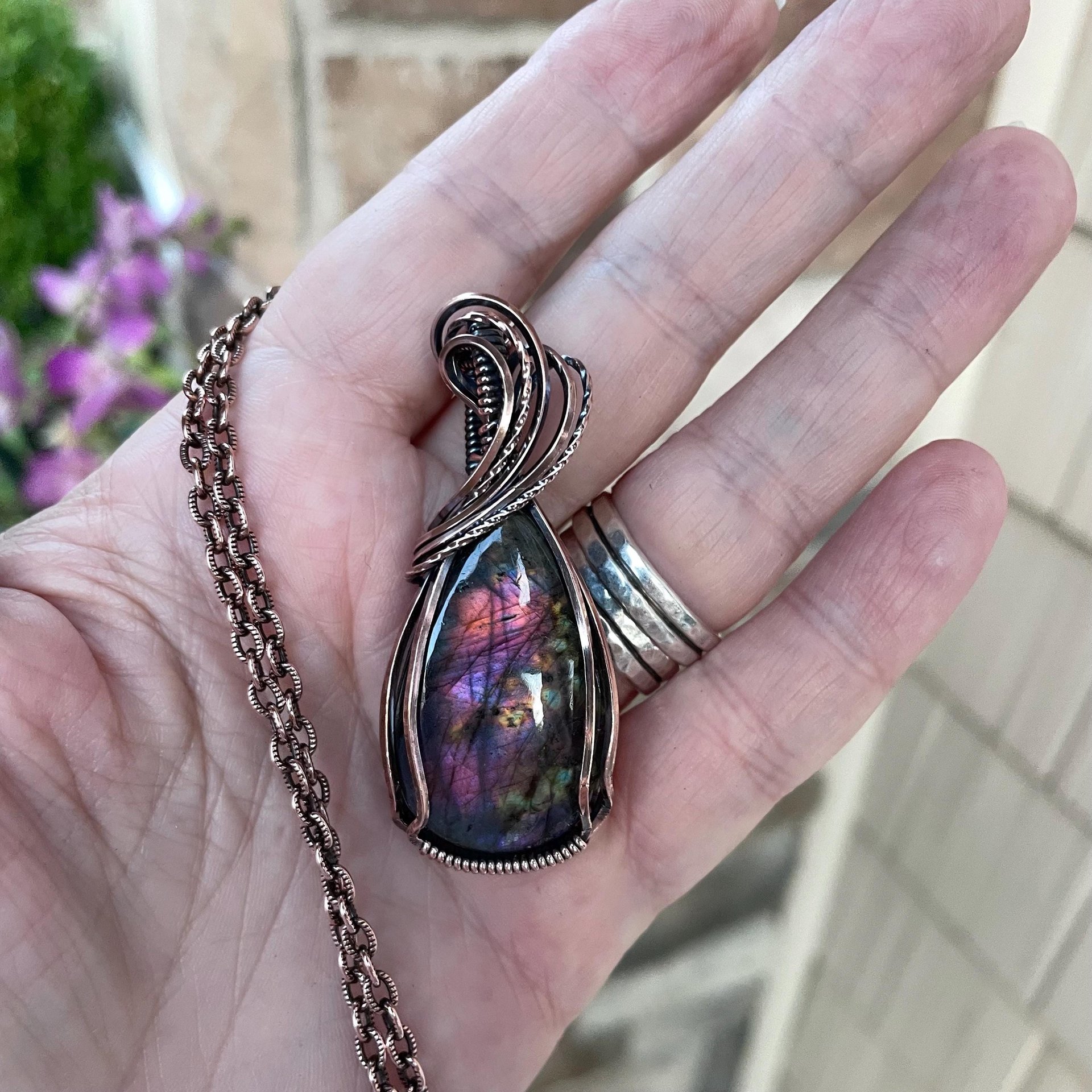 Pink Purple Labradorite Teardrop Copper Pendant
