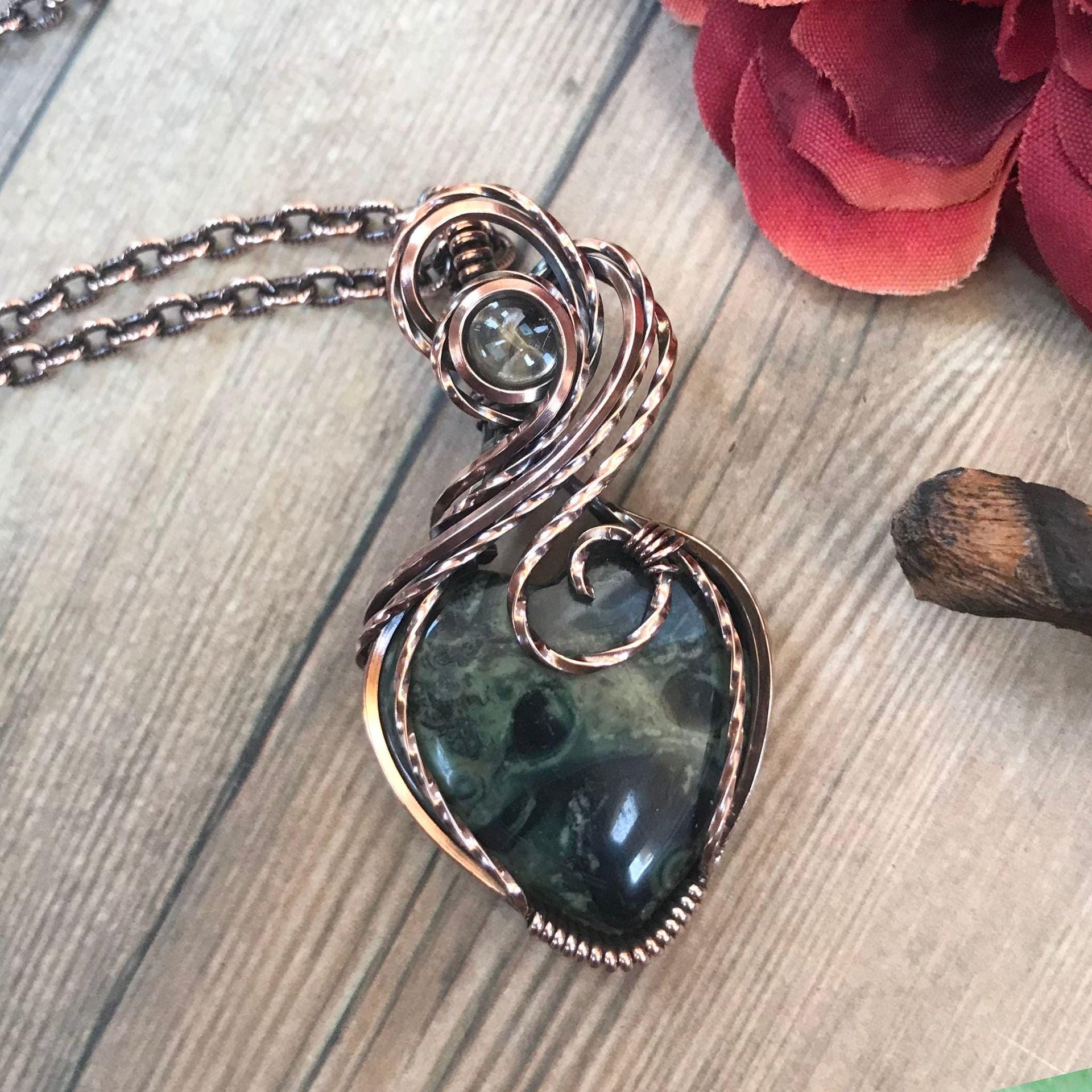 Kambaba Jasper & Prasiolite Copper Heart Pendant