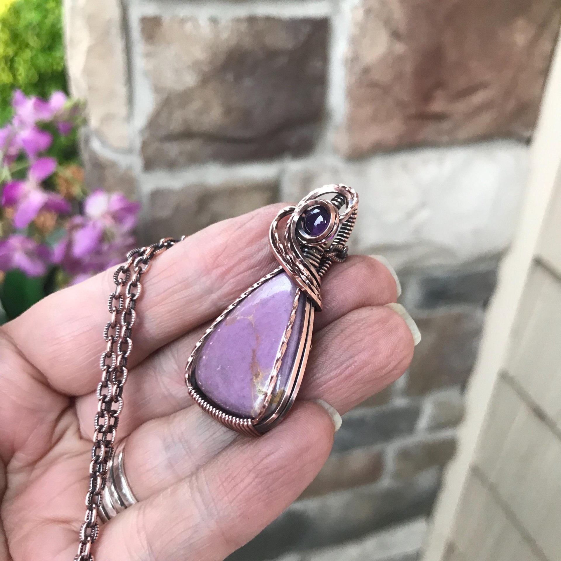 Phosphosiderite & Amethyst Copper Pendant