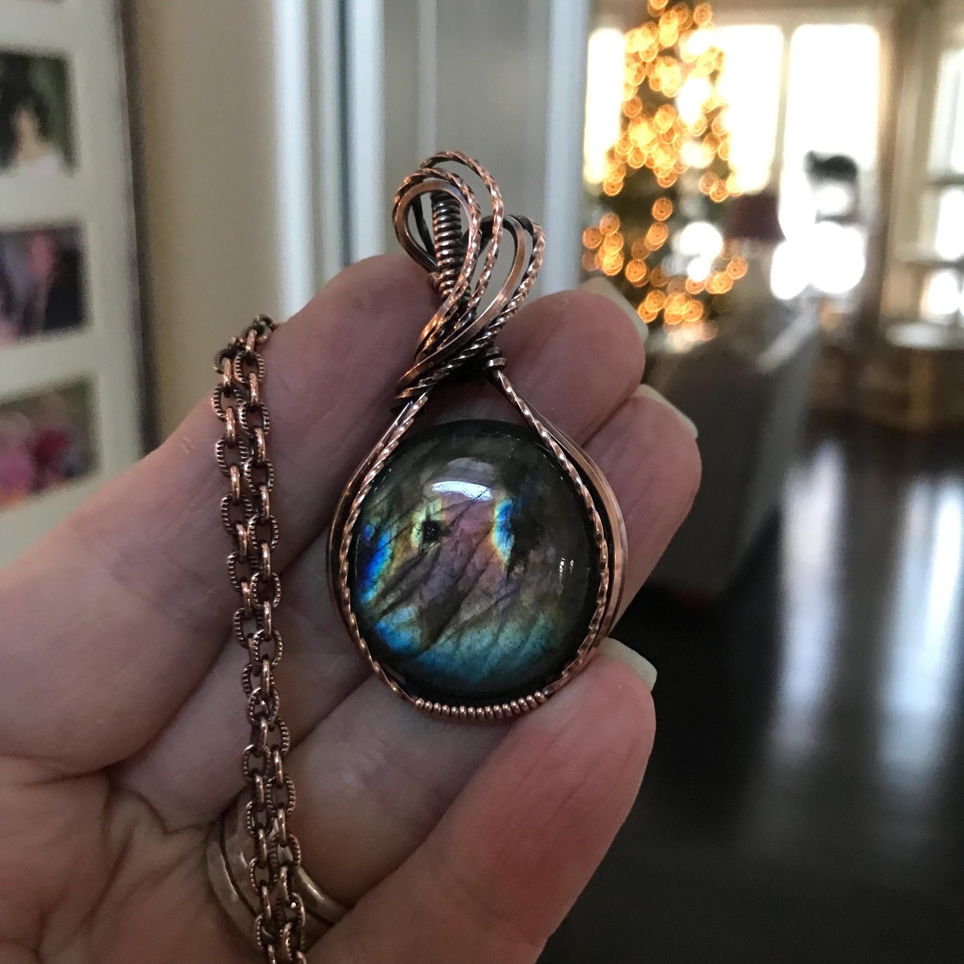 Rainbow Labradorite Round Copper Pendant