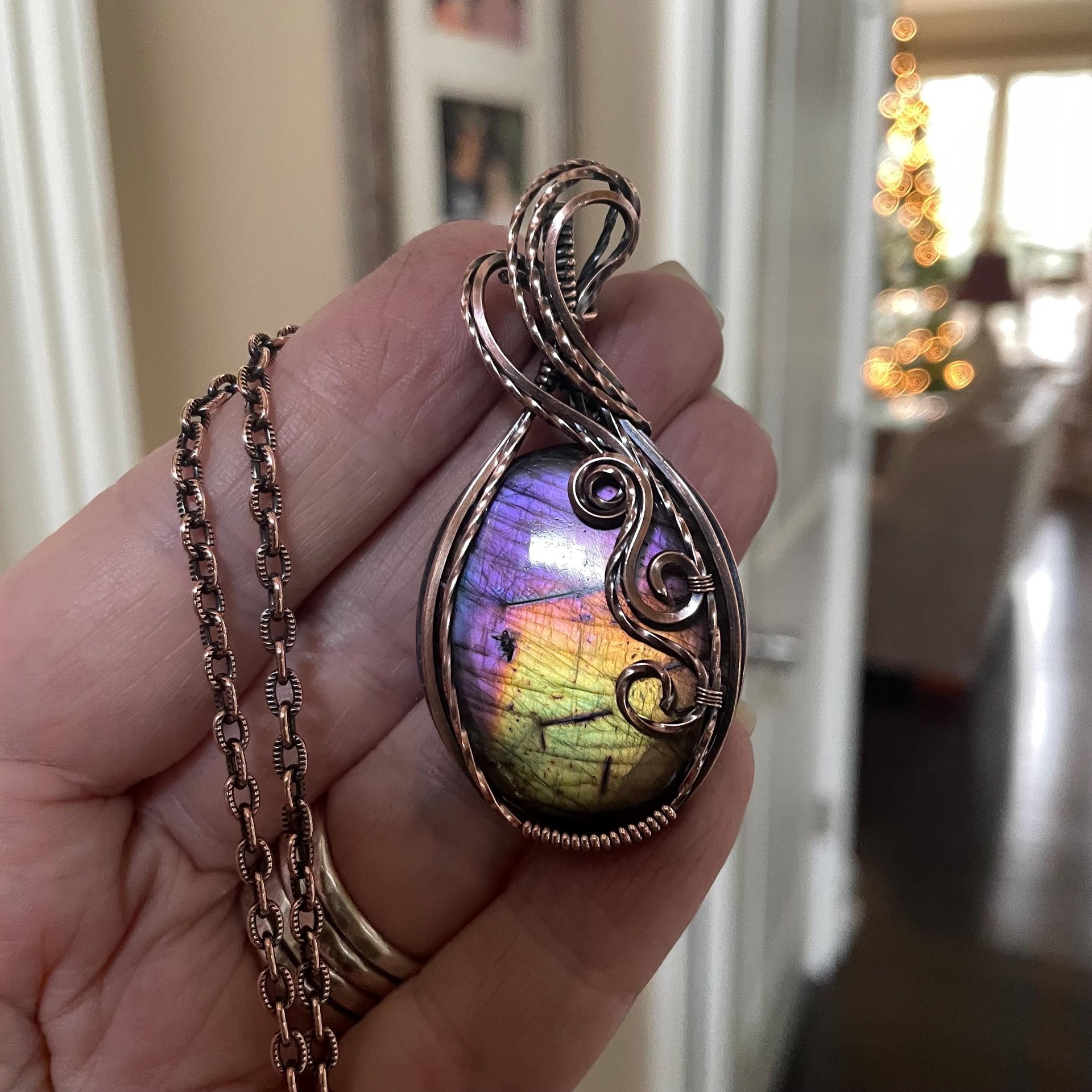 Rainbow Labradorite Oval Swirly Copper Pendant