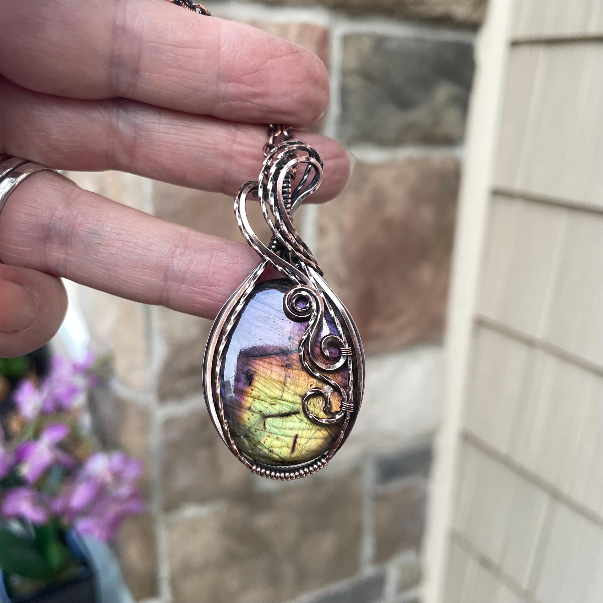Rainbow Labradorite Oval Swirly Copper Pendant