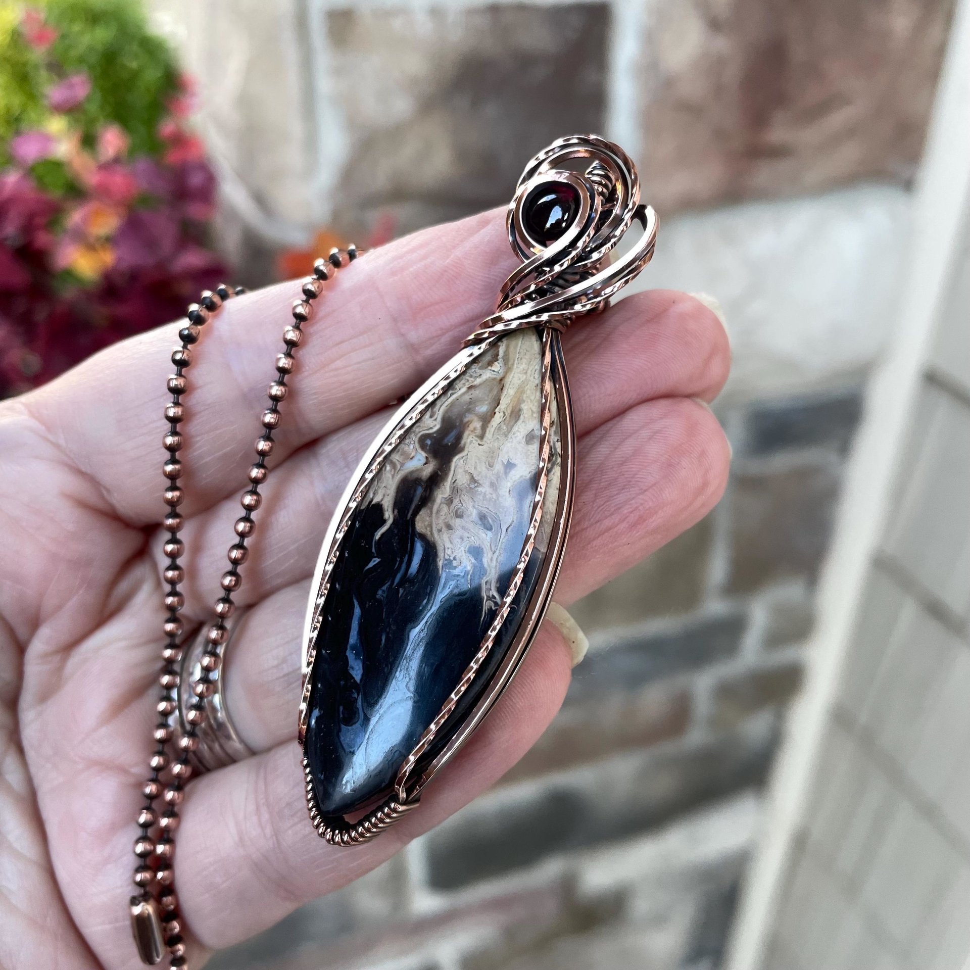 Petrified Palm Wood & Garnet Marquise Copper Pendant 