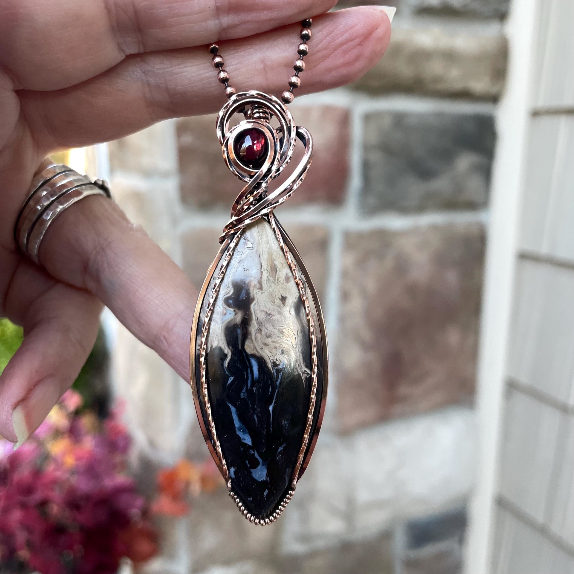 Petrified Palm Wood & Garnet Marquise Copper Pendant 