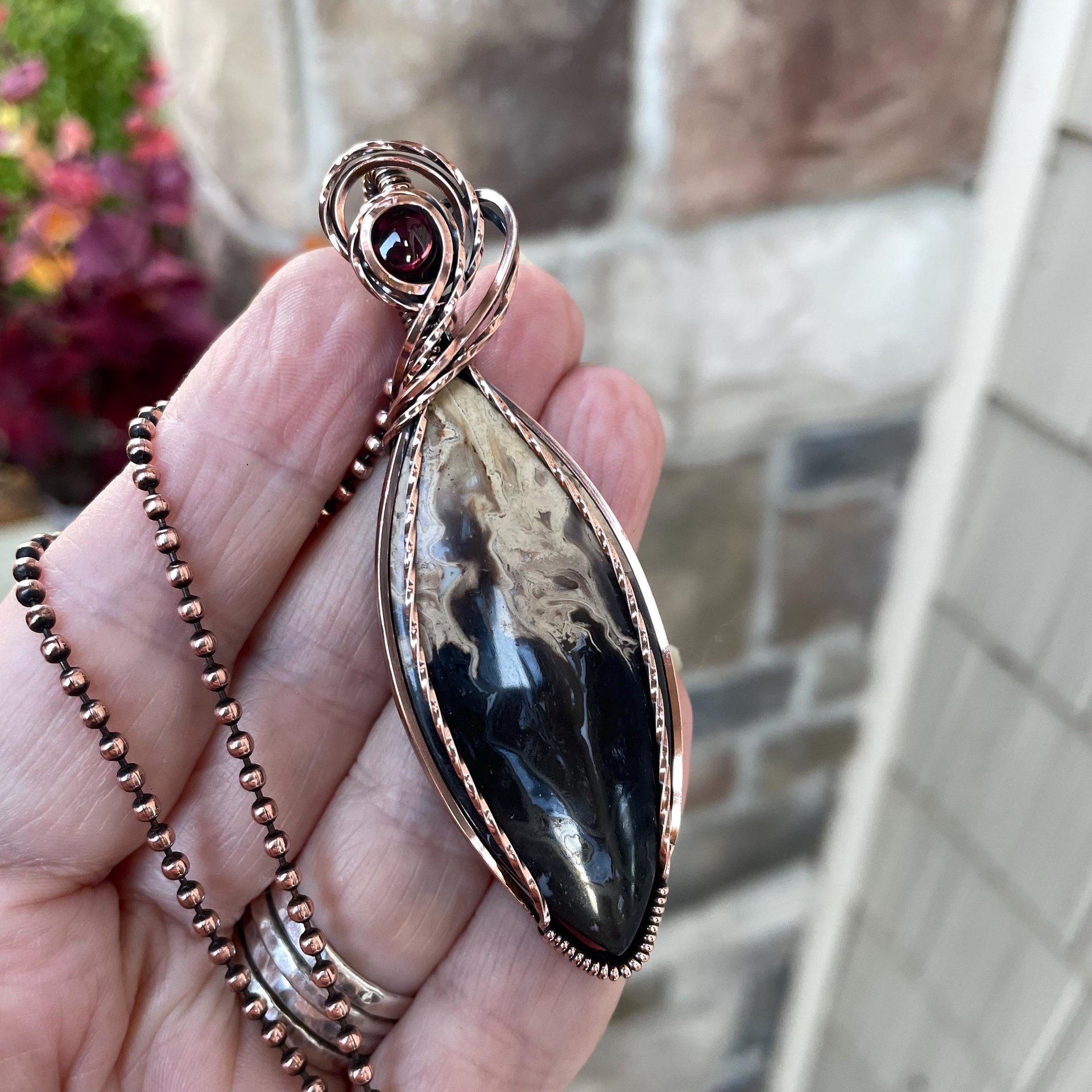 Petrified Palm Wood & Garnet Marquise Copper Pendant 