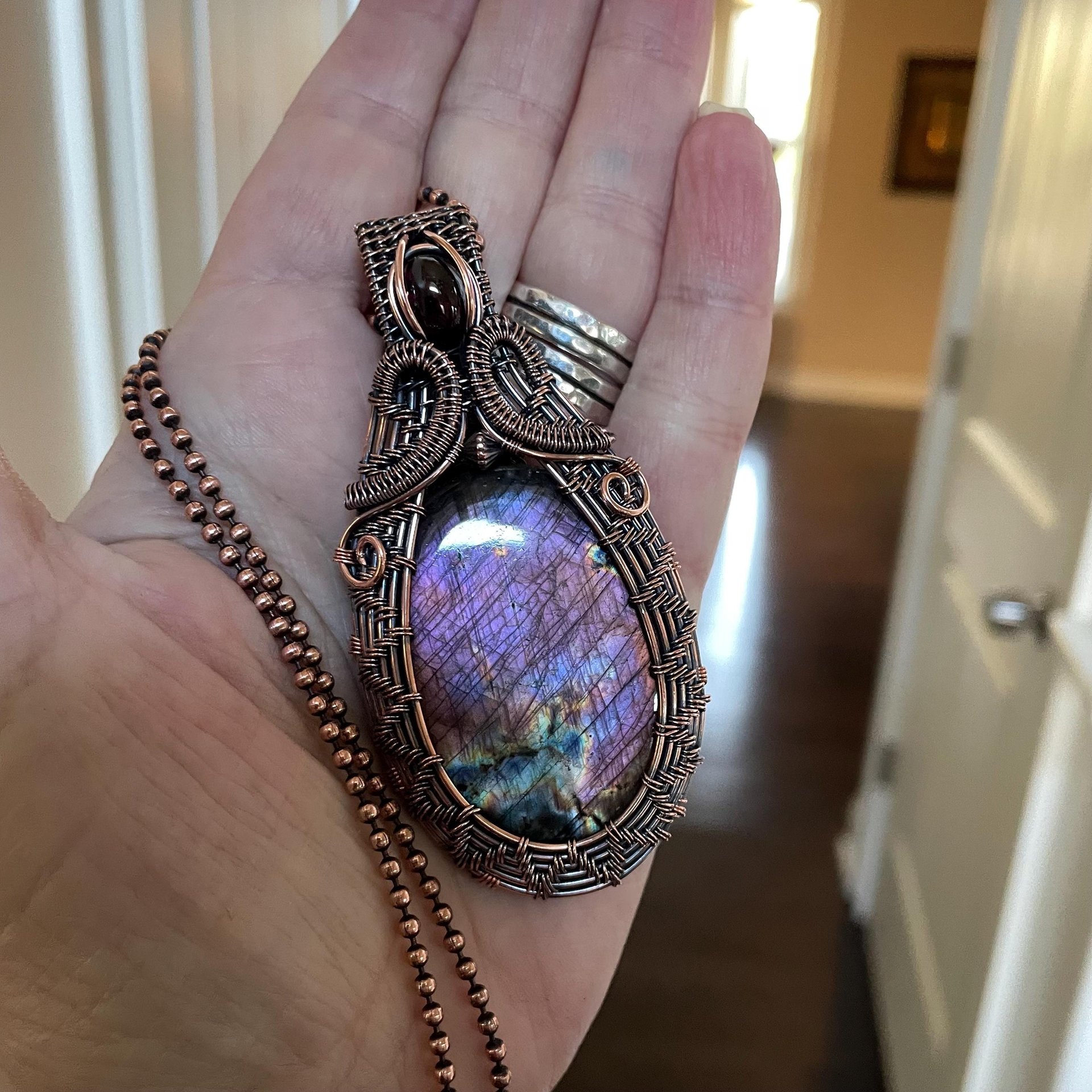 Purple Pink Labradorite & Garnet Woven Copper Pendant