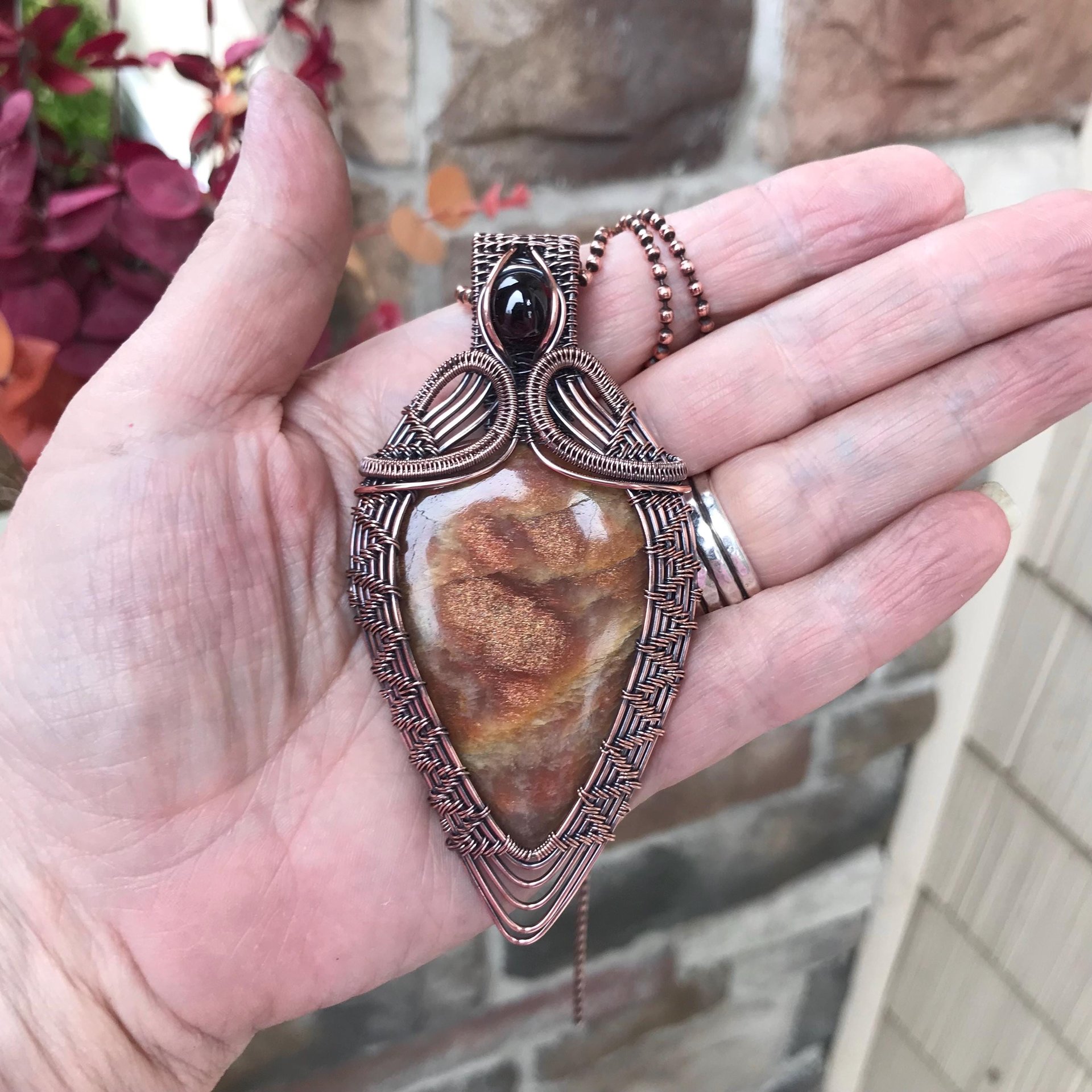 Golden Sunstone & Garnet Woven Pendant