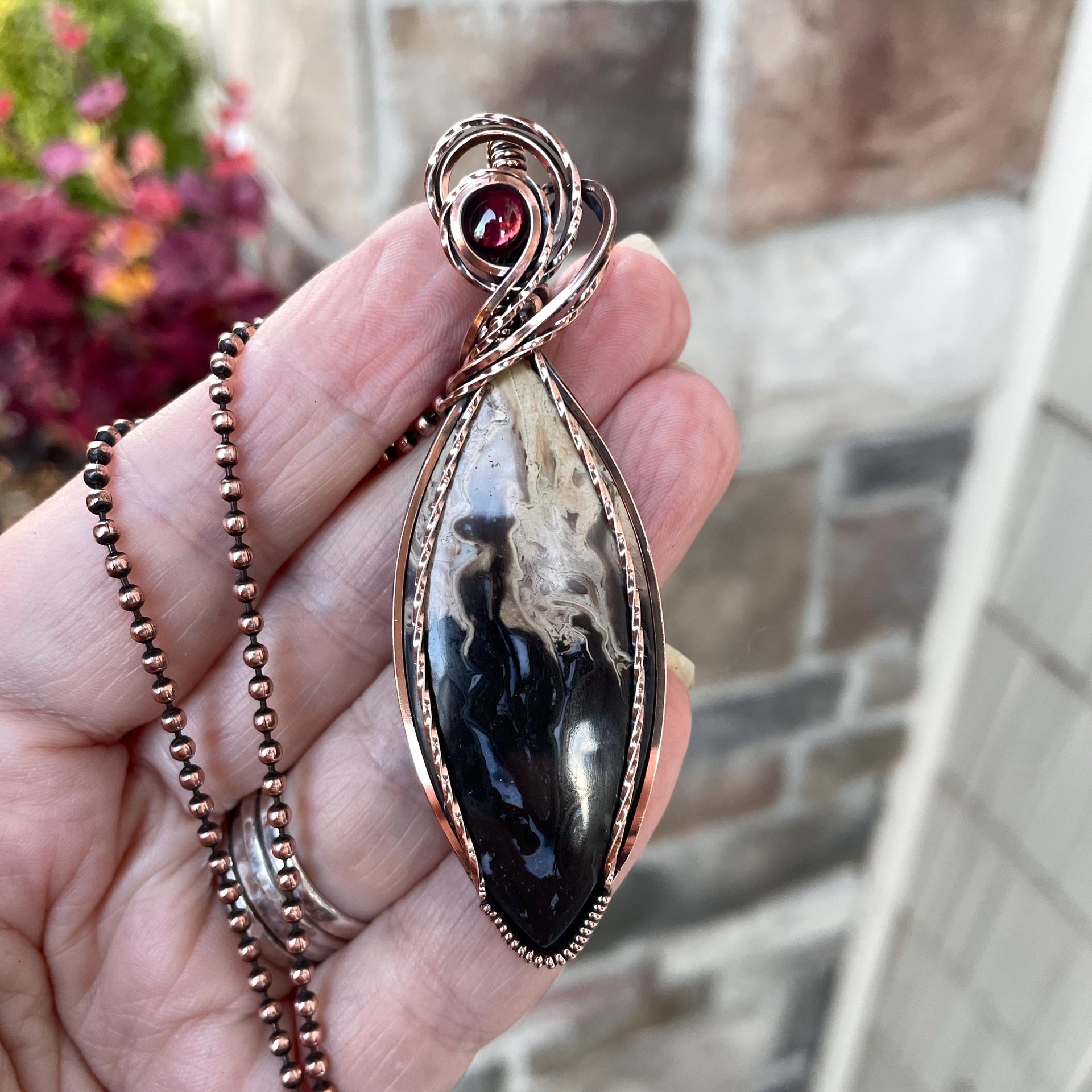 Petrified Palm Wood & Garnet Marquise Copper Pendant 
