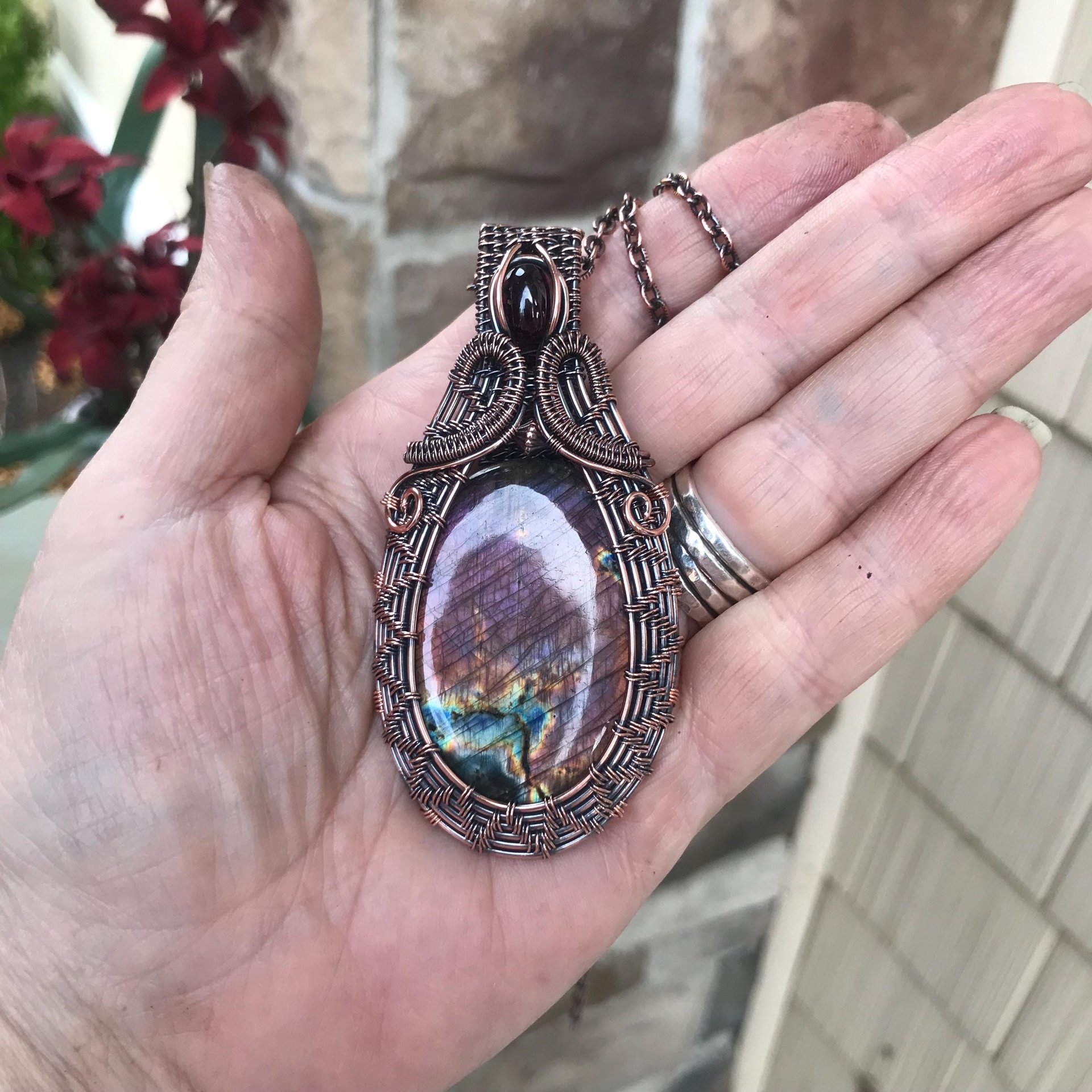 Pink Purple Labradorite & Garnet Woven Necklace